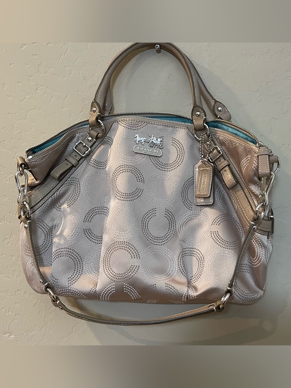 Coach Pearl khaki beige silver Metallic Signature Satchel shoulder bag hangtags